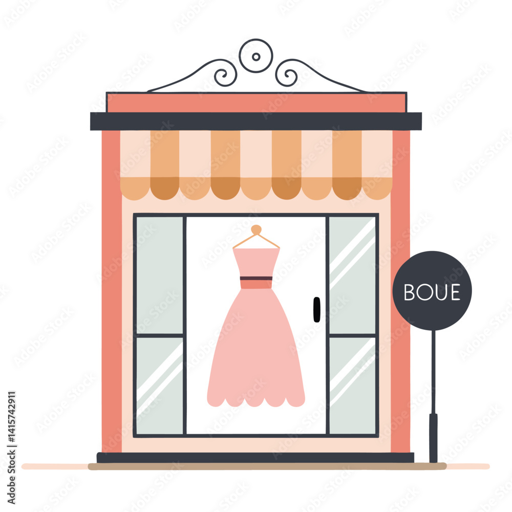 Boutique Dress Shop Exterior with Pink Dress Display