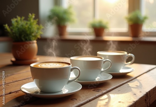 Wallpaper Mural elegant ceramic coffee cups rising steam morning beverage warmth cozy kitchen atmosphere coffee art, drink, tableware, handmade, porcelain, texture, harmony Torontodigital.ca