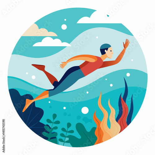 Diving man swimming underwater against an aquatic background