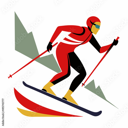 Skiing athlete in red gear racing on snow-covered slope