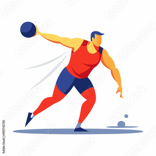 Athlete in red and blue uniform throwing shot put