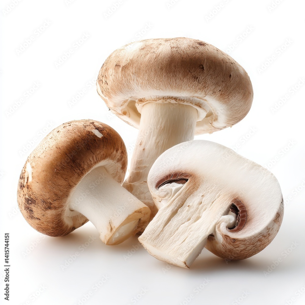 Mushrooms group, one sliced open isolated on white background Mushrooms group, one sliced open isolated on white background