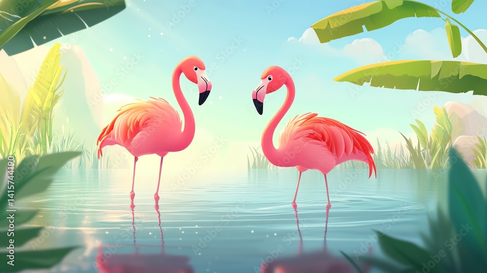 Obraz premium Two pink flamingos watercolor painting serene nature wildlife animal art print home decor