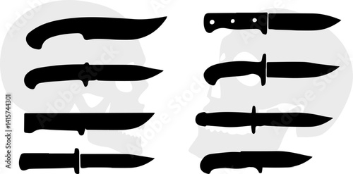 Black silhouette of different types of knives against the background of skulls