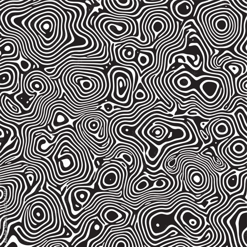 Black and white contour topographic seamless vector pattern with hypnotic swirl illusion lines