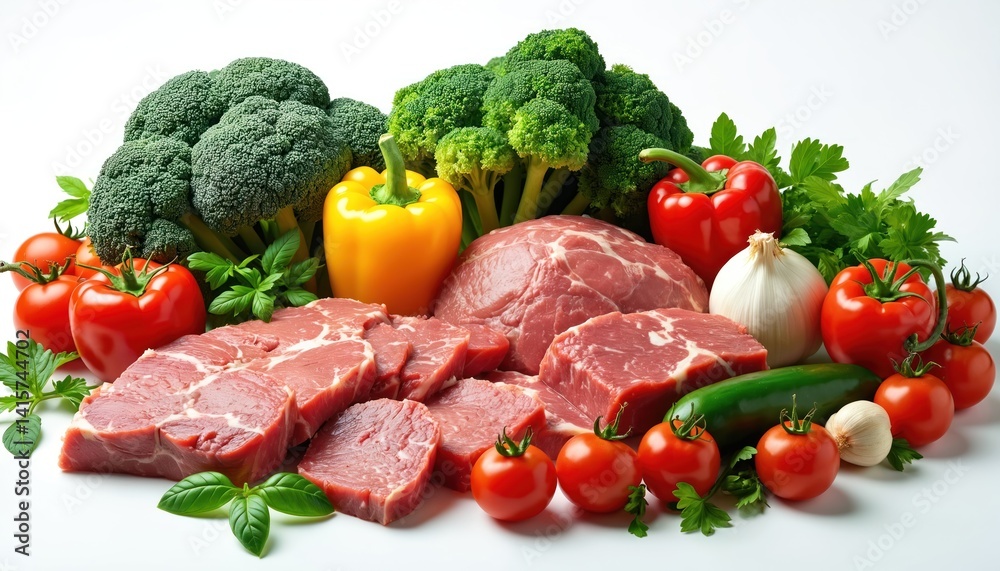 Fresh raw meat selection. Variety of vegetables tomatoes, broccoli, peppers, onion, garlic, parsley. Healthy ingredients for cooking, meal preparation. Balanced diet. Fresh raw meat selection. Variety of vegetables tomatoes, broccoli, peppers, onion, garlic, parsley. Healthy ingredients for cooking, meal preparation. Balanced diet.