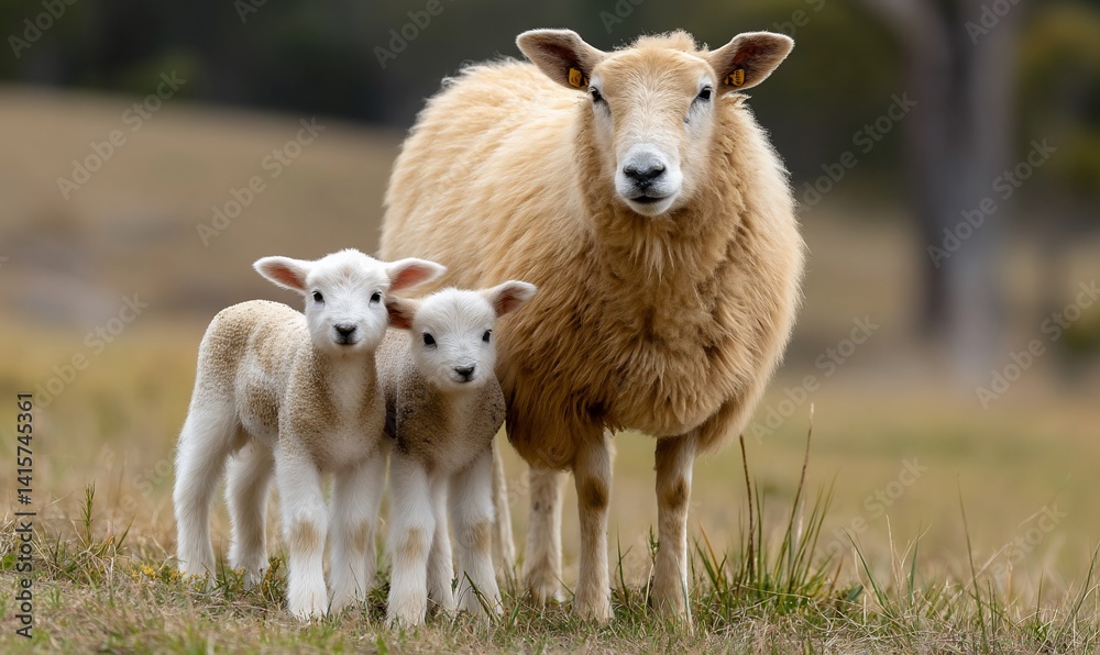 A mother sheep and two lambs standing together in a grassy field A mother sheep and two lambs standing together in a grassy field