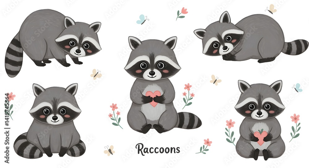 Fototapeta premium Cute Raccoon Clipart Set Cartoon Animals.