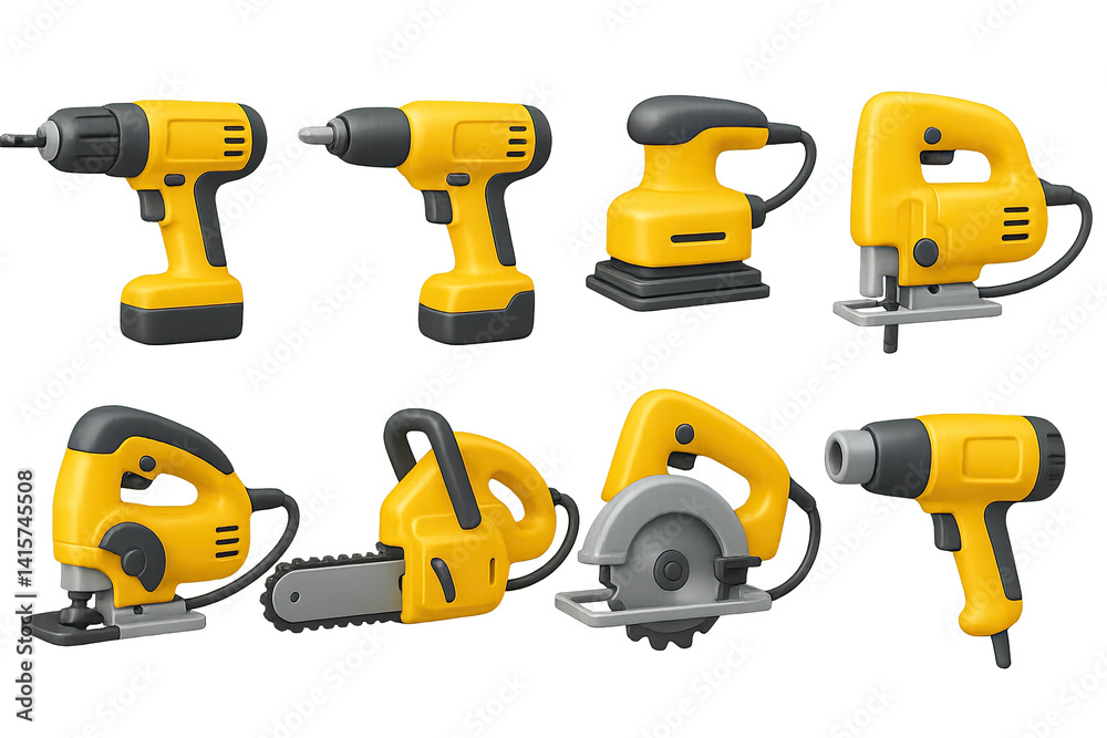 3D icon set of electric power tools: drill, electric screwdriver, power sander, jigsaw, angle grinder, chainsaw, electric saw, heat gun. 3d icon. Isolated 3D icon set of electric power tools: drill, electric screwdriver, power sander, jigsaw, angle grinder, chainsaw, electric saw, heat gun. 3d icon. Isolated