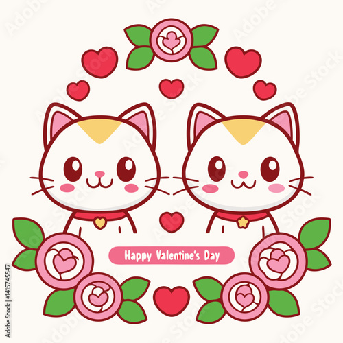 Two Cute Cats in a Floral Valentine's Day Wreath