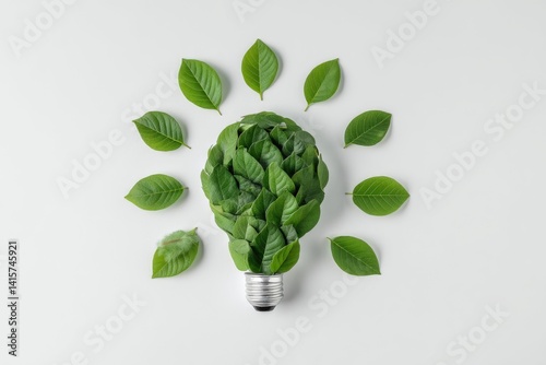 Eco concept with a light bulb made of green leaves on a white background, in a flat lay. Minimalist style for stock photo and web banner design.