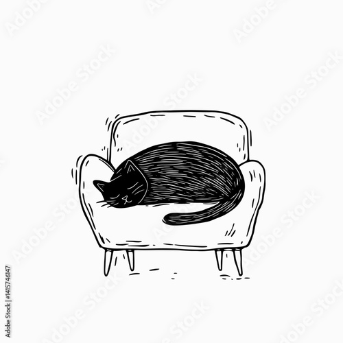 Cozy black cat peacefully sleeping on stylish chair. Perfect vector illustration for animal lovers and home decor, capturing comfort and tranquility in your project.