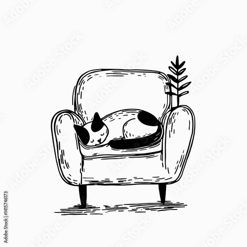 Cozy vector illustration of cat sleeping on armchair, perfect for pet lovers and home decor. Ideal for greeting cards, wall art, or blogs about comfort and relaxation.