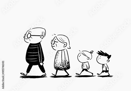 Charming black-and-white vector illustration of family walking together, showcasing intergenerational love and connection. Ideal for family-related projects and nostalgic themes.