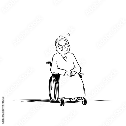 Cheerful elderly woman in a wheelchair, radiating warmth and joy. Vector illustration perfect for themes of compassion, care, and inclusivity in healthcare and senior living.