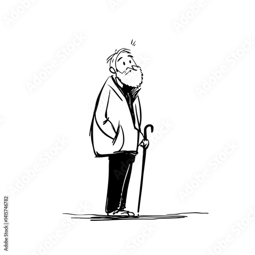 Hand-drawn vector illustration of elderly man with cane, embodying wisdom and experience. Ideal for themes of aging, guidance, and nostalgia in a thoughtful artistic expression.