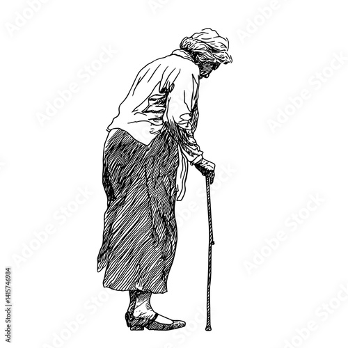 Hand-drawn vector illustration of elderly woman with cane, capturing grace and wisdom of age. Ideal for healthcare, gerontology, and family themes.
