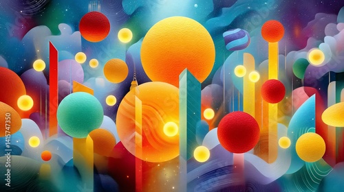 Wallpaper Mural Colorful abstract art with spheres, clouds, and geometric shapes. Vibrant design Torontodigital.ca