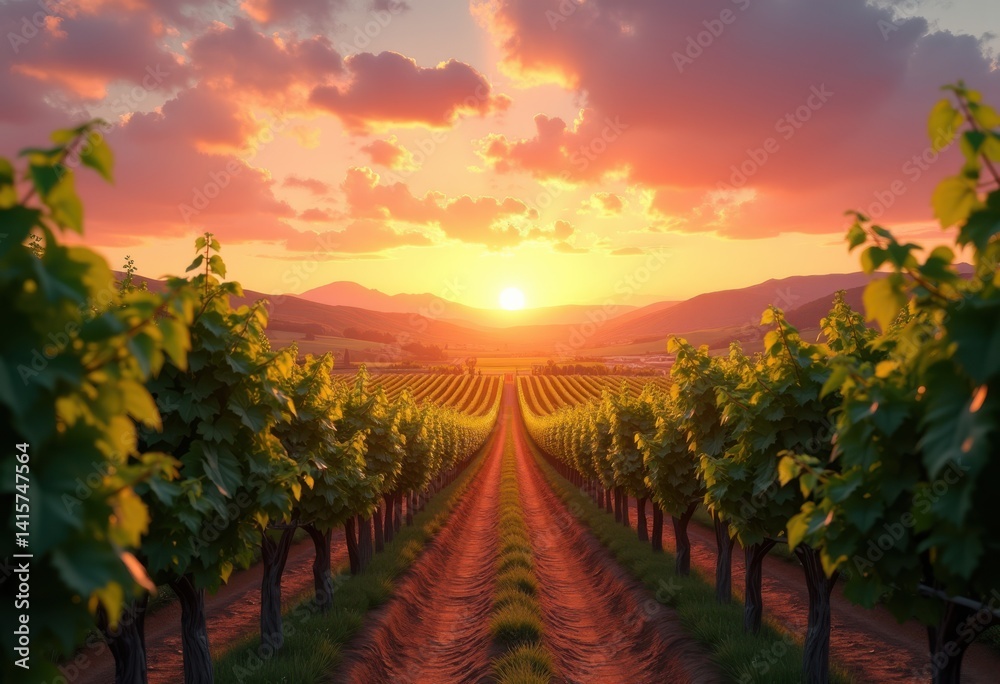 Naklejka premium vibrant grape vines sunset colors agriculture landscape nature fruit harvest vineyard scenery, foliage, plant, ripe, sky, nightfall, scenic, light, flora
