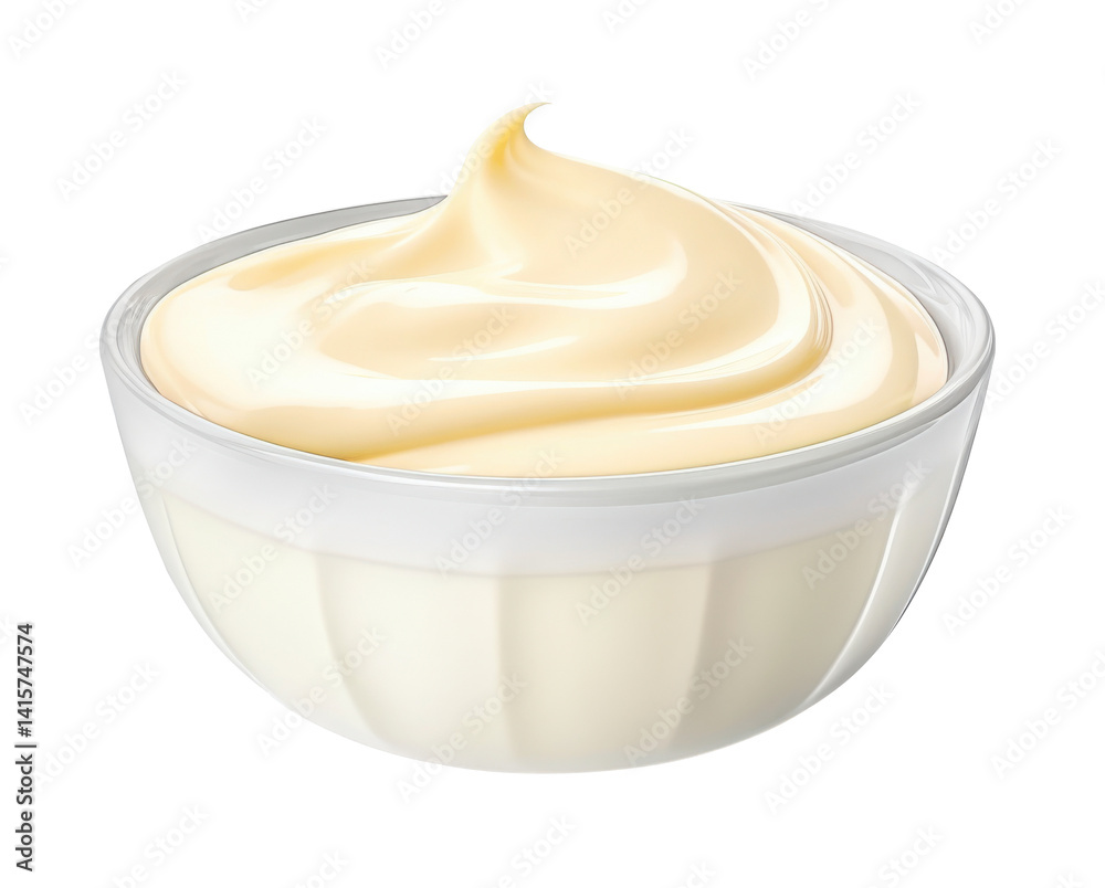 Mayonnaise or creamy sauce in a white ceramic bowl on transparent background – mayo, aioli, ranch, garlic sauce, isolated condiment, food close-up