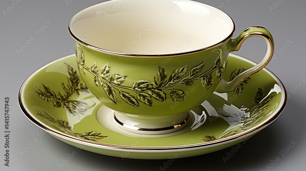 Fototapeta premium Green teacup with saucer and leaf design