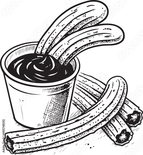 Churros Black and White Vector Illustration, Sketch Drawing Line Linear Symbol Icon Engraving, Hand-drawn Isolated