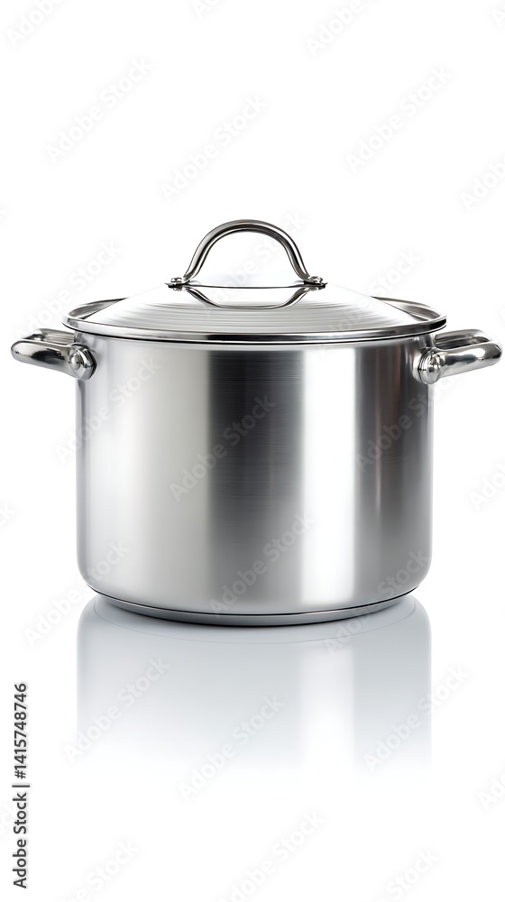 Shiny, stainless steel stockpot with lid, showcasing kitchen cookware for cooking soup, pasta, and sauces, kitchen appliance Shiny, stainless steel stockpot with lid, showcasing kitchen cookware for cooking soup, pasta, and sauces, kitchen appliance