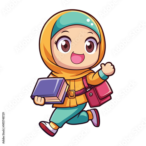 Happy girl with hijab and school supplies, running to class
