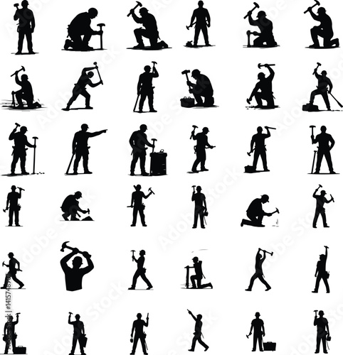 Builder with Hammer Silhouette | Construction Worker Vector Set Construction Man with Hammer | Worker Silhouette Illustration Pack