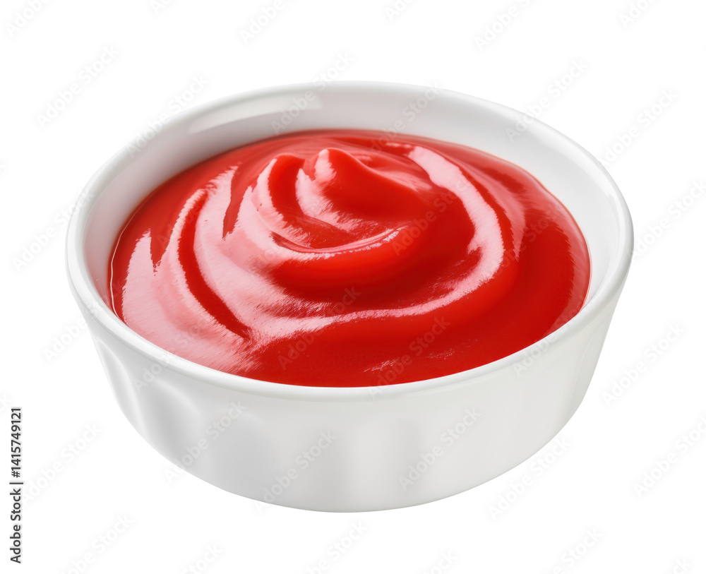 Red sauce in a white ceramic bowl on transparent background – ketchup, salsa, tomato dip, spicy dressing, close-up, isolated food concept