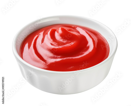 Obraz na płótnie Red sauce in a white ceramic bowl on transparent background – ketchup, salsa, tomato dip, spicy dressing, close-up, isolated food concept w salonie