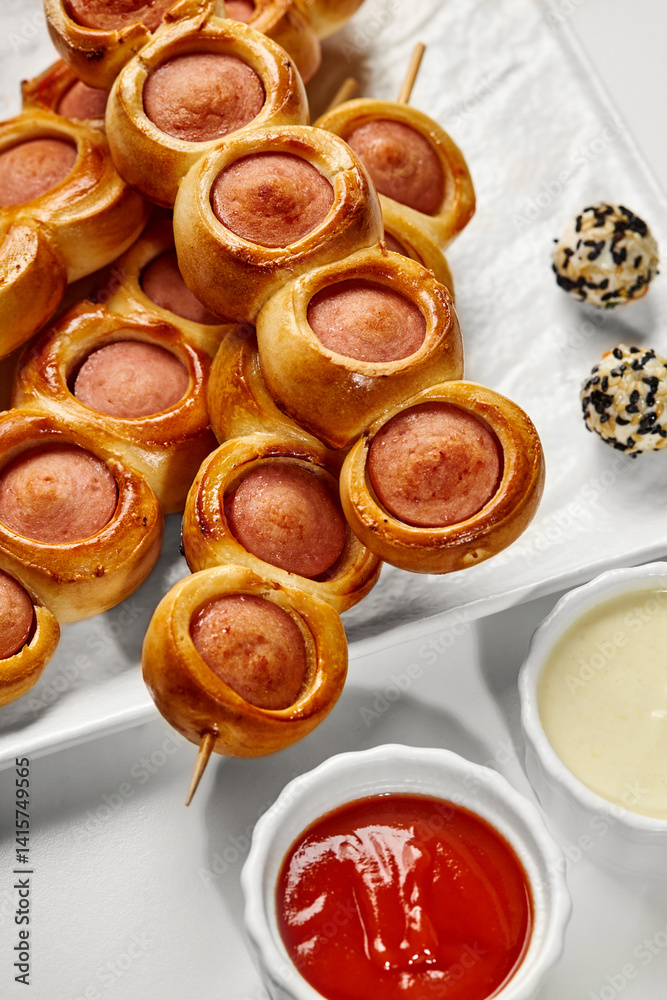 Sausage rolls skewers with ketchup and mayonnaise dipping sauces