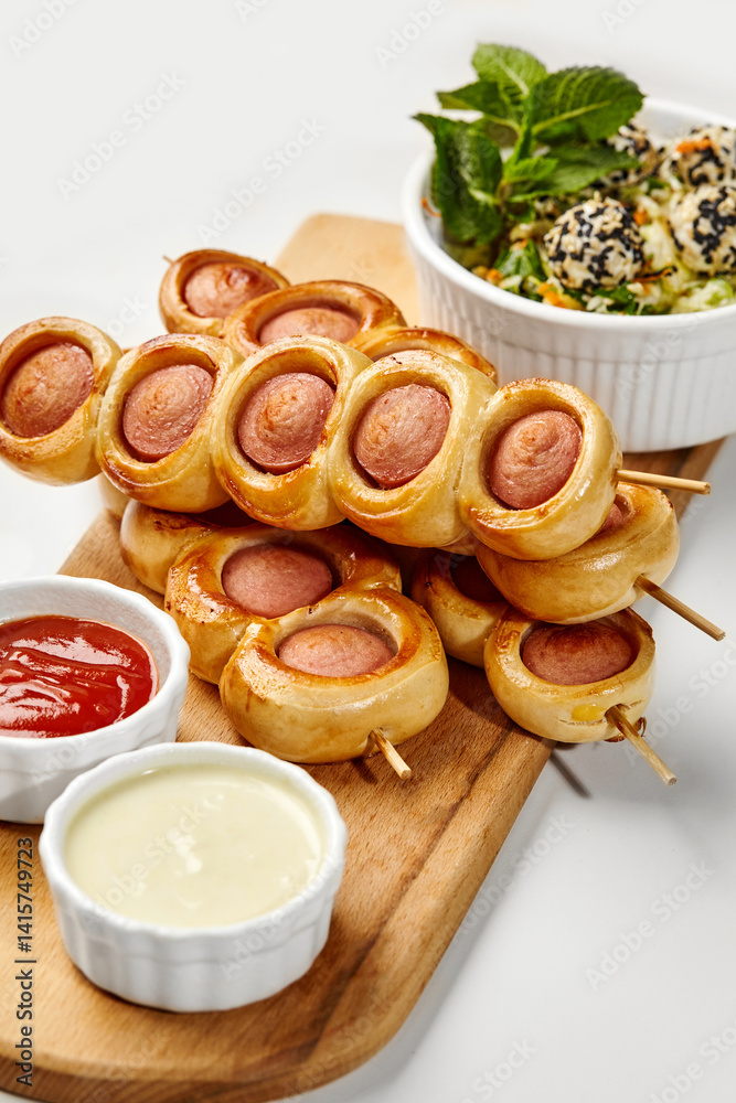 Sausage rolls skewers with dipping sauces and sesame salad on white background