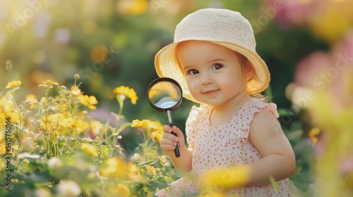 childhood, leisure and people concept - happy little baby girl with magnifier looking at flowers in summer garden