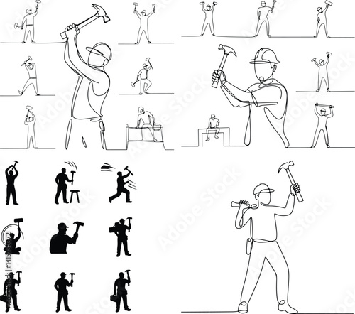 Builder with Hammer Silhouette | Construction Worker Vector Set Construction Man with Hammer | Worker Silhouette Illustration Pack