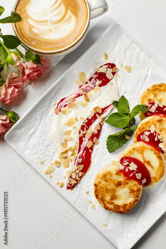 Obraz na płótnie Delicious syrniki with sour cream, raspberry jam, almond flakes, and mint served with cappuccino and roses w salonie