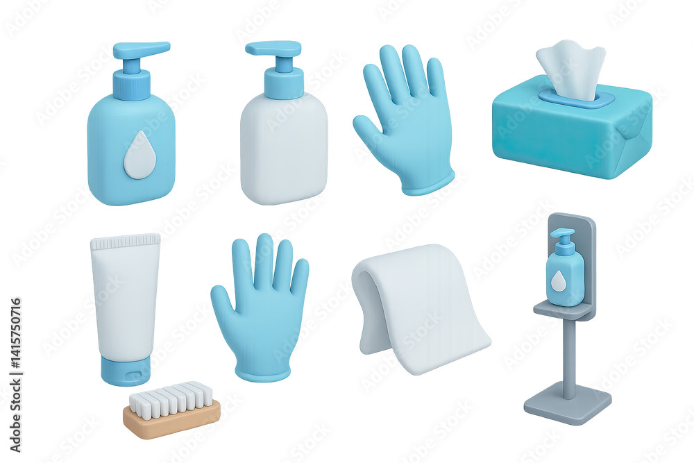 Essential hygiene 3d icons set: soap, gloves, tissues, sanitizer, lotion, towel, brush Essential hygiene 3d icons set: soap, gloves, tissues, sanitizer, lotion, towel, brush