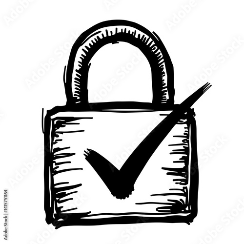 Hand-drawn padlock with checkmark symbol representing account approval secured privacy and protected data access - concept of secure login encryption