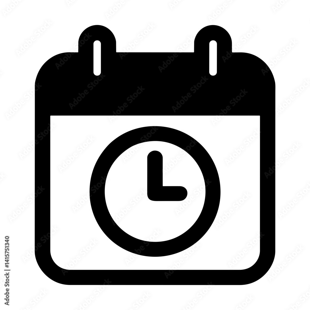 Calendar icon in minimal black style with clock representing scheduled events tasks or deadlines in UI or time planner concept - concept of time management and productivity Calendar icon in minimal black style with clock representing scheduled events tasks or deadlines in UI or time planner concept - concept of time management and productivity