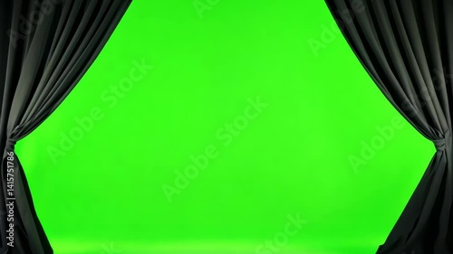 Black curtains opening on green screen clip. Stage curtains open effect chroma key motion picture. Use as a transition or starting scene in video clip.