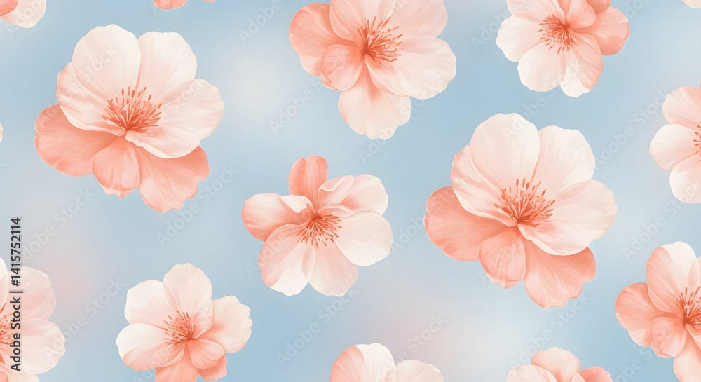 Repeating Pattern of Delicate Pink Flowers on Blue Background Repeating Pattern of Delicate Pink Flowers on Blue Background