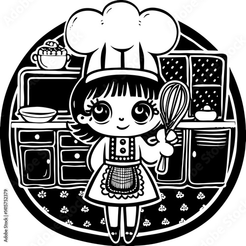 Cute chibi chef in a whimsical kitchen with a giant hat and whisk, perfect for kids' designs and culinary-themed artwork.
