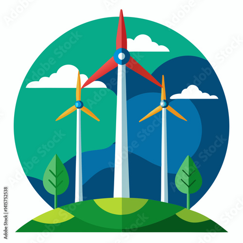 Wind Power icon with wind turbines on green landscape