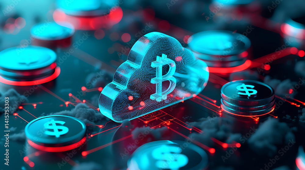 Fototapeta premium Glowing blue cloud symbol with crypto coin logo, surrounded by digital dollar coins on a dark, abstract tech background. Cryptocurrency, cloud finance concept. 