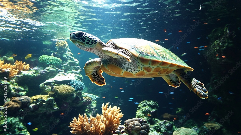Obraz premium Sea turtle swimming peacefully in crystal clear waters surrounded by colorful coral reefs and tiny tropical fish