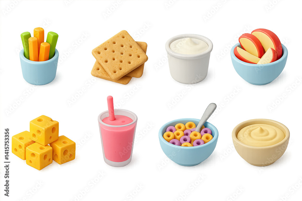 Colorful 3d snack icons set featuring fruits, drinks, and treats Colorful 3d snack icons set featuring fruits, drinks, and treats