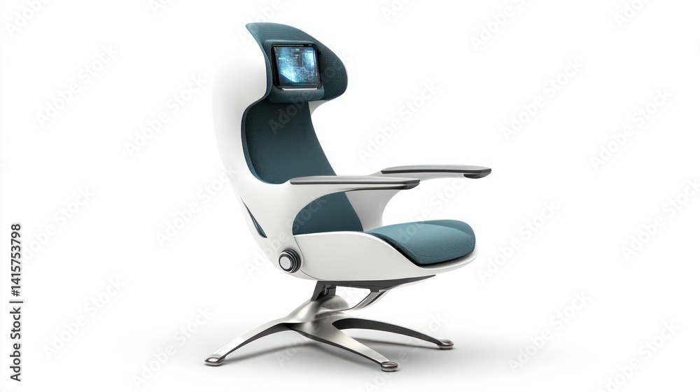 A futuristic ergonomic chair featuring a small integrated display screen A futuristic ergonomic chair featuring a small integrated display screen