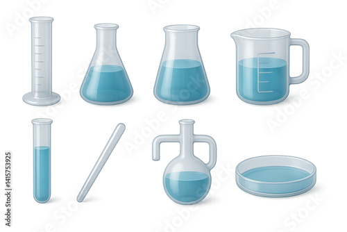 3D icon set of lab glassware: graduated cylinder, conical flask, beaker, measuring cup, test tube, glass stirring rod, distillation apparatus, petri dish. 3d icon. Isolated
