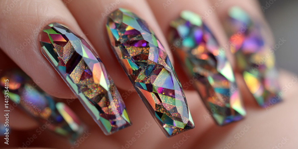 Fototapeta premium Close-up of iridescent nail art, showcasing geometric, multifaceted design elements, creating a luxurious and glamorous effect, ideal for beauty and fashion concepts