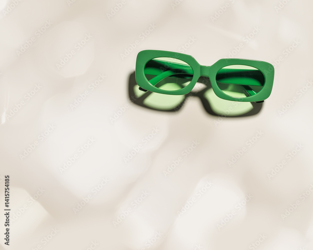 Top view Stylish green colored sunglasses with transparent green glass on beige background, shadow and glare at sunlight, summer fashion plastic-framed eyeglasses. Summer concept, copy space